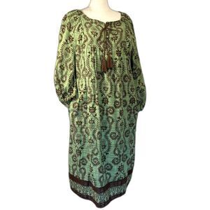 Studio Park Wm's Dress 100% Cotton Green/Brown Print Sz Lg (2)Pocket Fully Lined